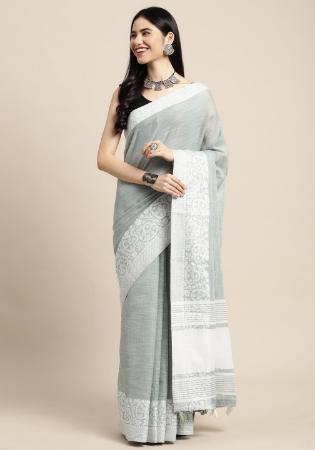 Picture of Excellent Linen Dark Sea Green Saree