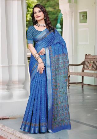 Picture of Grand Cotton & Linen Dark Slate Blue Saree