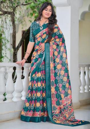 Picture of Pretty Cotton & Linen Teal Saree