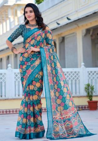 Picture of Lovely Cotton & Linen Teal Saree