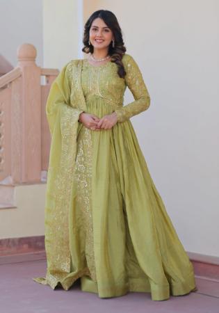 Picture of Beautiful Silk Dark Khaki Readymade Gown