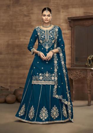 Picture of Delightful Silk Navy Blue Straight Cut Salwar Kameez