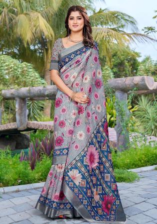 Picture of Elegant Cotton & Linen Silver Saree