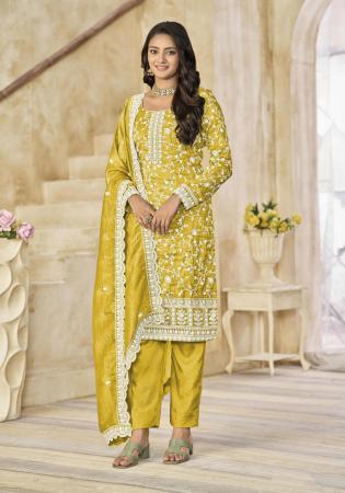 Picture of Chiffon Dark Golden Rod Straight Cut Salwar Kameez