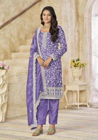Picture of Chiffon Dark Slate Blue Straight Cut Salwar Kameez
