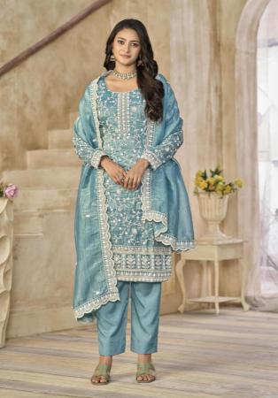 Picture of Chiffon Cadet Blue Straight Cut Salwar Kameez