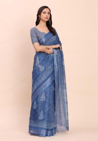 Picture of Amazing Cotton & Linen Cadet Blue Saree