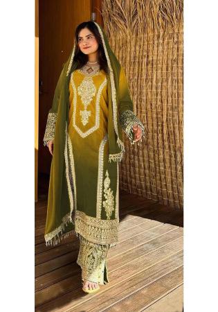 Picture of Chiffon Dark Olive Green Straight Cut Salwar Kameez