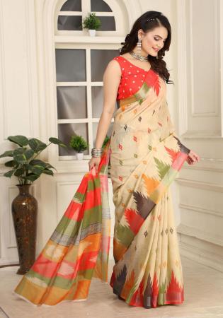 Picture of Well Formed Cotton & Linen Navajo White Saree