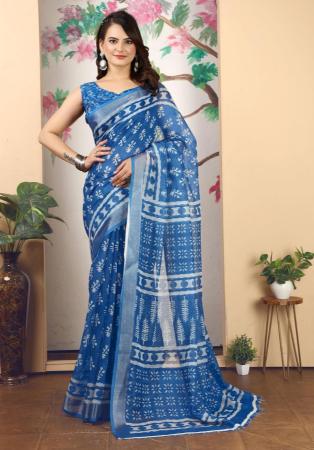 Picture of Stunning Cotton & Linen Light Steel Blue Saree