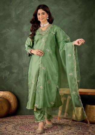 Picture of Silk Dark Olive Green Readymade Salwar Kameez