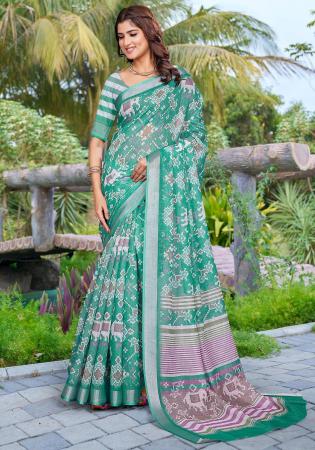 Picture of Beautiful Cotton & Linen Dark Sea Green Saree