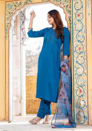 Picture of Beautiful Silk Dark Cyan Readymade Salwar Kameez