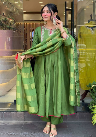 Picture of Silk Dark Olive Green Readymade Salwar Kameez