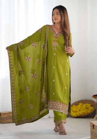 Picture of Chiffon & Silk Olive Drab Readymade Salwar Kameez