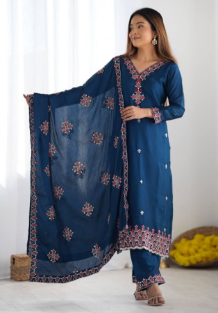 Picture of Chiffon & Silk Midnight Blue Readymade Salwar Kameez