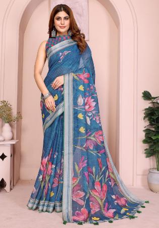 Picture of Grand Cotton & Linen Dark Slate Blue Saree