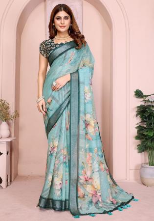 Picture of Charming Cotton & Linen Dark Sea Green Saree