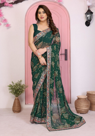 Picture of Beautiful Georgette Forest Green Saree