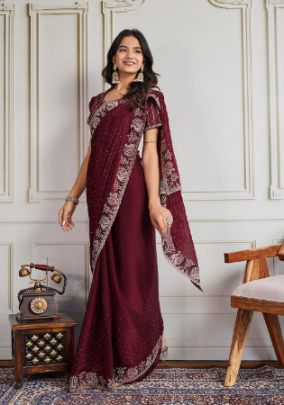 Picture of Admirable Chiffon & Georgette & Silk Maroon Saree