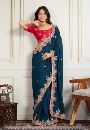 Picture of Chiffon & Georgette & Silk Midnight Blue Saree