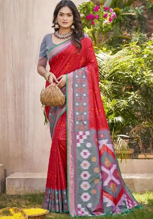 Picture of Magnificent Silk Light Slate Grey & Indian Red Saree