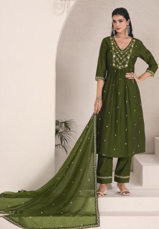 Picture of Chiffon Dark Olive Green Readymade Salwar Kameez