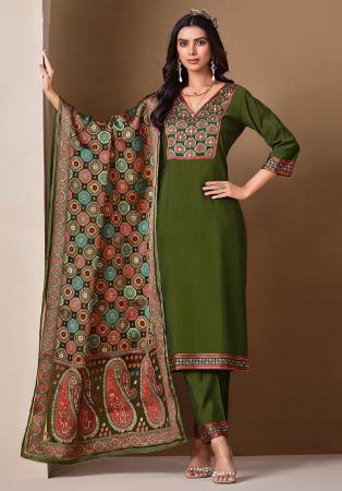 Picture of Silk Dark Olive Green Readymade Salwar Kameez