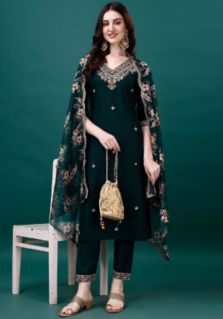 Picture of Well Formed Cotton Dark Green Readymade Salwar Kameez