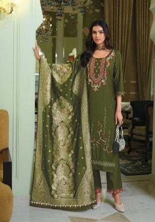 Picture of Chiffon Dark Olive Green Readymade Salwar Kameez