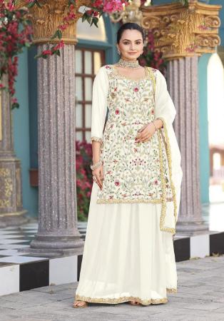 Picture of Georgette Off White Straight Cut Salwar Kameez