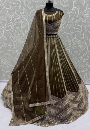 Picture of Beauteous Net Dark Olive Green Lehenga Choli