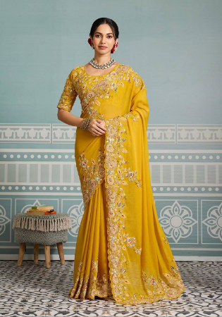 Picture of Well Formed Georgette & Silk Golden Rod Saree