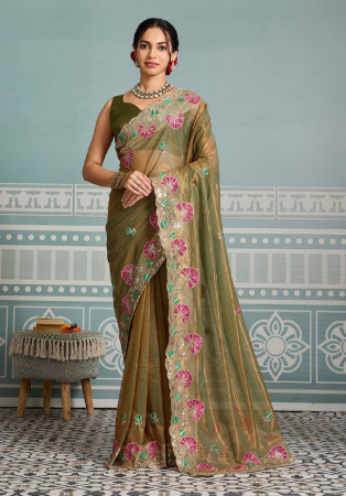 Picture of Beauteous Georgette & Silk Dark Olive Green Saree