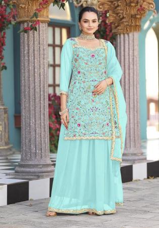 Picture of Georgette Pale Turquoise Straight Cut Salwar Kameez