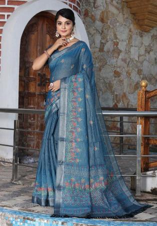 Picture of Excellent Cotton Navy Blue Saree