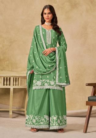 Picture of Chiffon Dark Sea Green Straight Cut Salwar Kameez