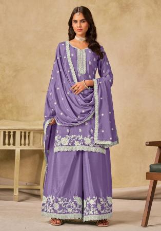 Picture of Chiffon Light Slate Grey Straight Cut Salwar Kameez