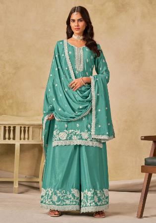 Picture of Stunning Chiffon Sea Green Straight Cut Salwar Kameez
