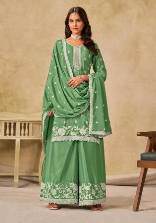 Picture of Chiffon Dark Sea Green Straight Cut Salwar Kameez