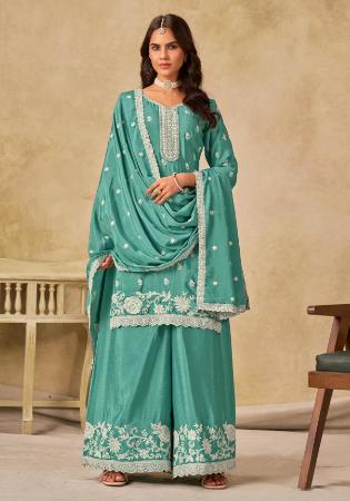 Picture of Chiffon Cadet Blue Straight Cut Salwar Kameez