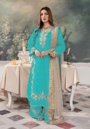 Picture of Chiffon & Net Light Sea Green Readymade Salwar Kameez