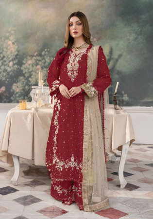 Picture of Chiffon & Net Maroon Readymade Salwar Kameez
