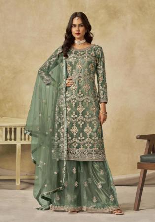 Picture of Net Dark Olive Green Straight Cut Salwar Kameez