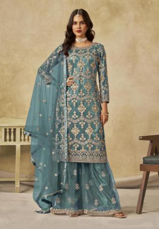 Picture of Well Formed Net Slate Grey Straight Cut Salwar Kameez