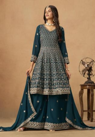 Picture of Georgette Dark Slate Blue Straight Cut Salwar Kameez
