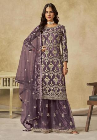 Picture of Grand Net Plum Straight Cut Salwar Kameez
