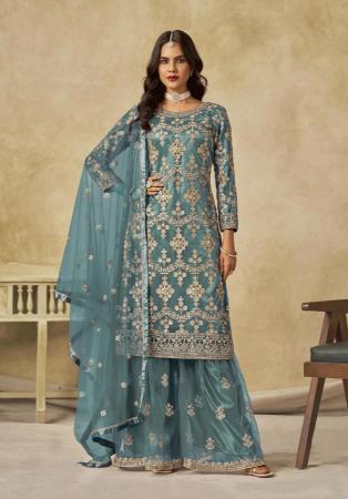 Picture of Bewitching Net Light Blue Straight Cut Salwar Kameez
