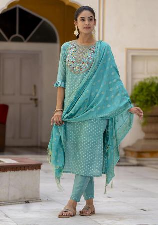 Picture of Well Formed Silk Teal Readymade Salwar Kameez