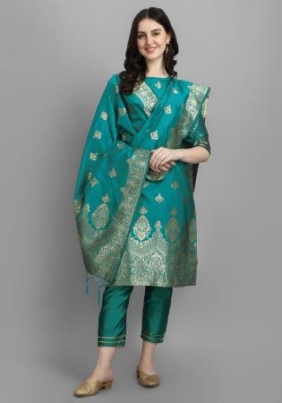 Picture of Beautiful Cotton & Silk Teal Readymade Salwar Kameez